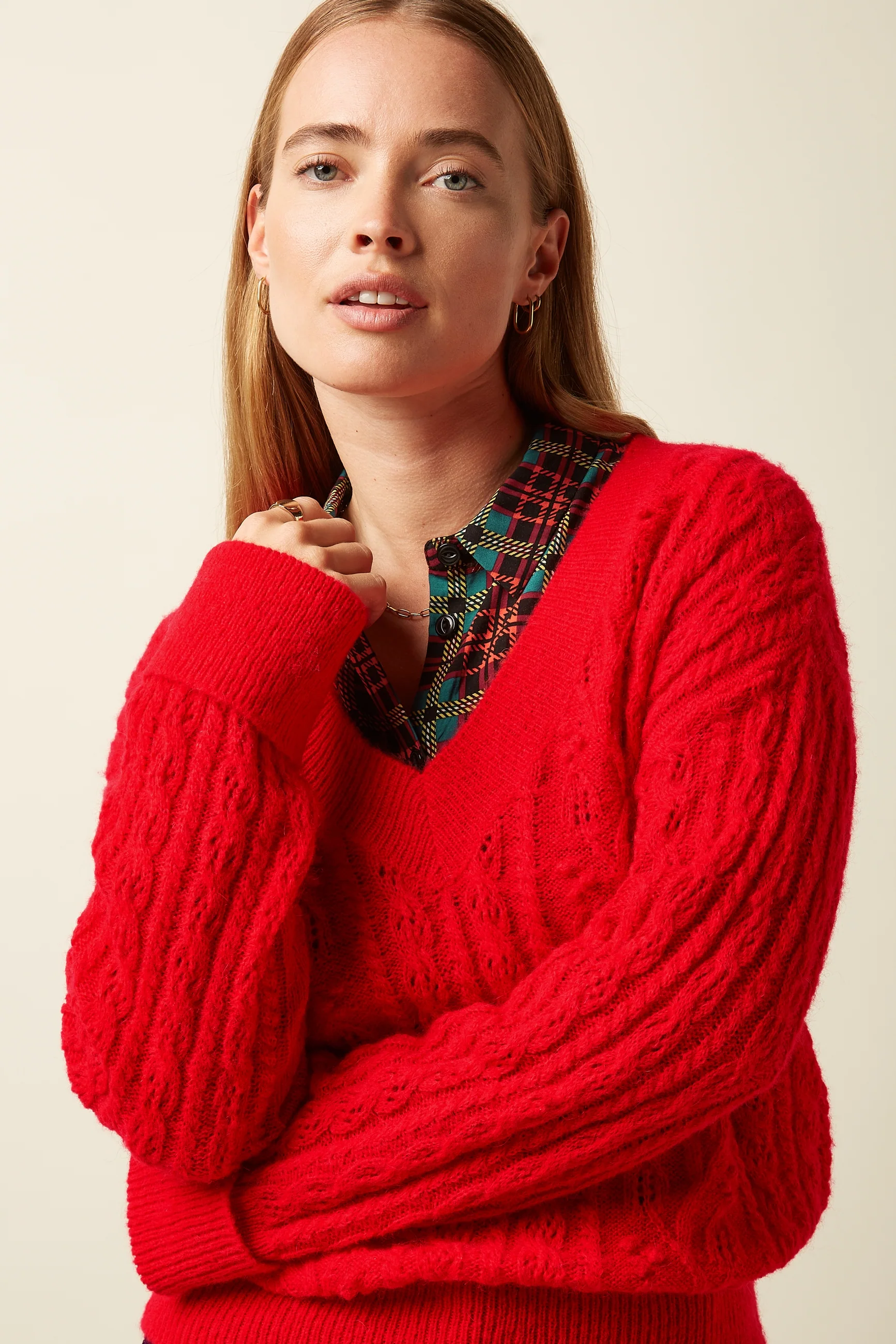 King Louie Leon Strickpullover mit V-Ausschnitt - Rot