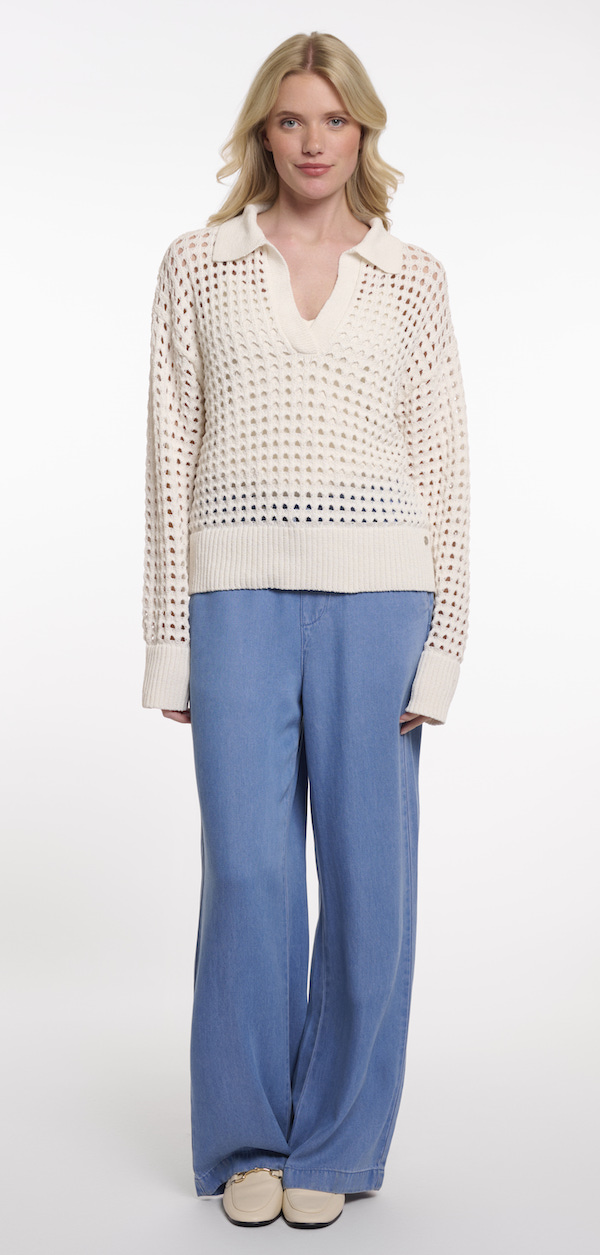 Rino & Pelle Odeth Lochstrick-Pullover in grobem Ajourstrick mit Polokragen - Snow white/Weiß