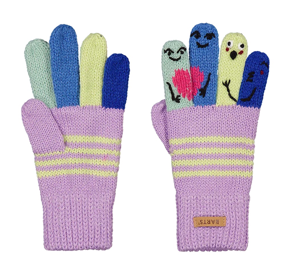 Barts Kids Puppet Gloves Strick Handschuhe in Lilac - Flieder mit Gesichter am Finger