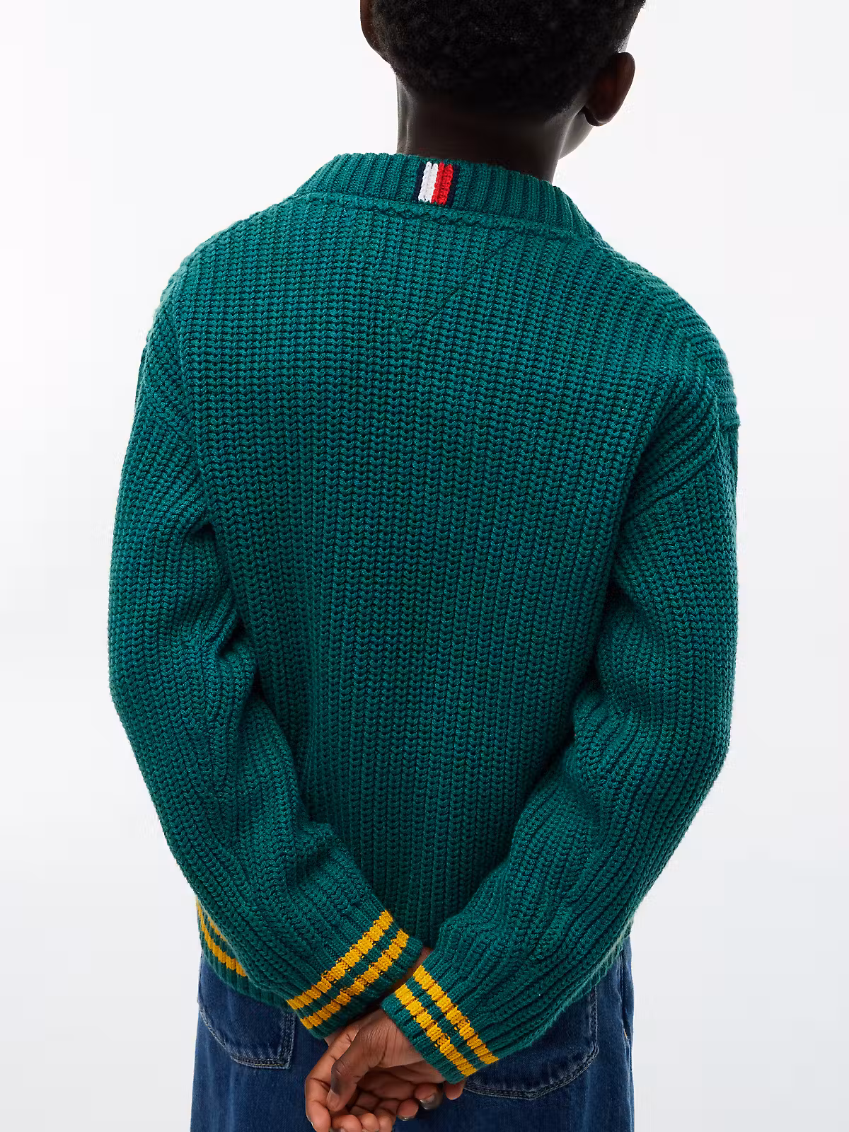 Tommy Hilfiger Placed Chunky Strick Pullover in Grün mit Gelben Ringel am Arm und Bund