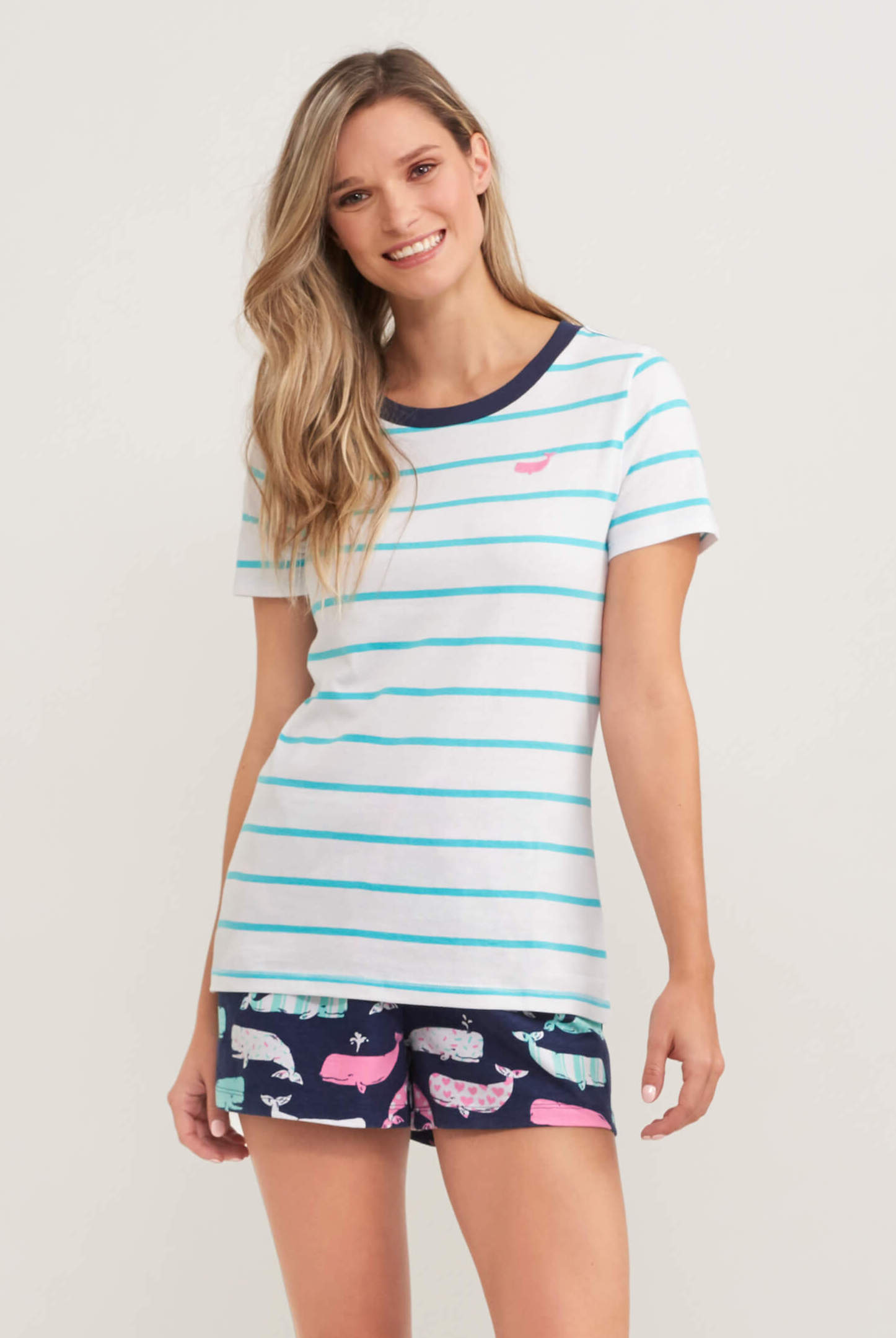 TSJSTRI001-M Little Blue House Damen Pyjama T-Shirt - Türkis Ringel - Wale