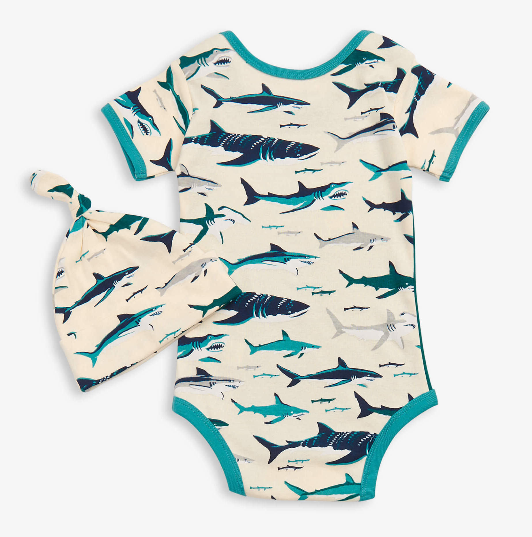 DR4SHAR001_A Little Blue House Baby Body & Mütze Set - Toothy Sharks - Haifische