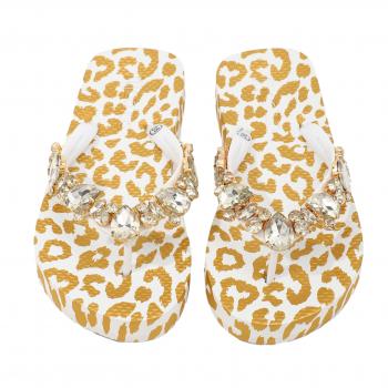 Moo' Ilo Damen Flip Flops Weiß Gold Leo mit Strasssteinen + Neoprene Clutch - SALE
