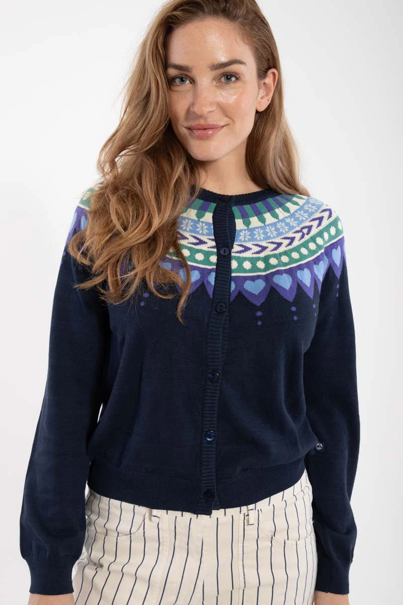 Danefae Danesweetheart Baumwolle Norweger Strickjacke in Navy Blau & Grün - SALE Danefae Danesweetheart Baumwolle Norweger Strickjacke in Navy Blau & Grün - SALE