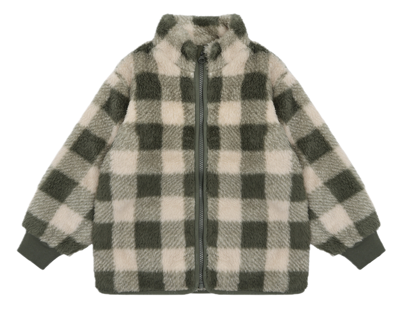 Minymo Teddy Fleece Jacke Oliv Grün Karo Zipperjacke