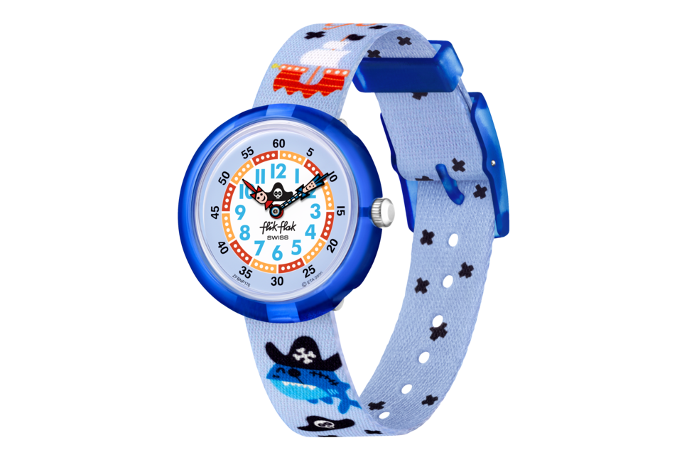 C1E876D9-D446-4FB6-B3D2-1BBEA4334CDE Flik Flak Uhr Kinderuhr - Ahoy Matey! - Piratenboot & Hai - hell/dunkelblau