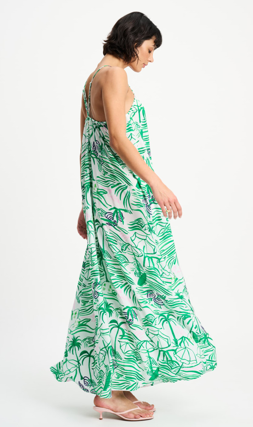 POM Amsterdam Kleid Beach Vibes mit Spaghetti Träger in Grün