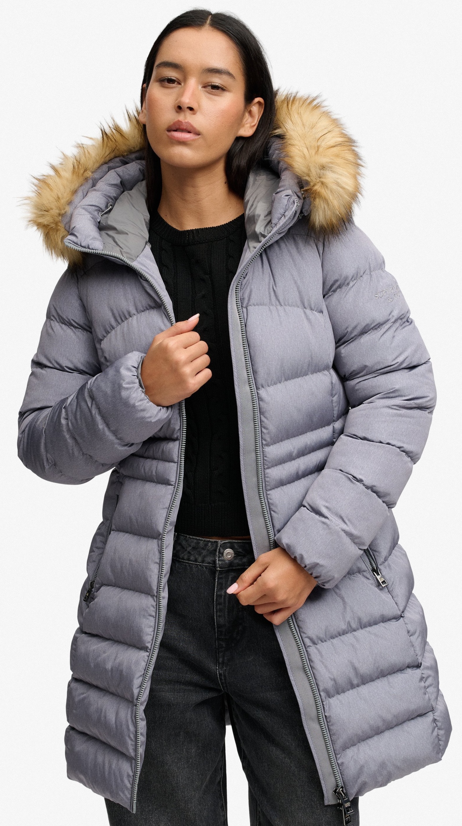 Superdry Damen Fuji mittellanger Mantel mit Kunstfellkapuze in Grau