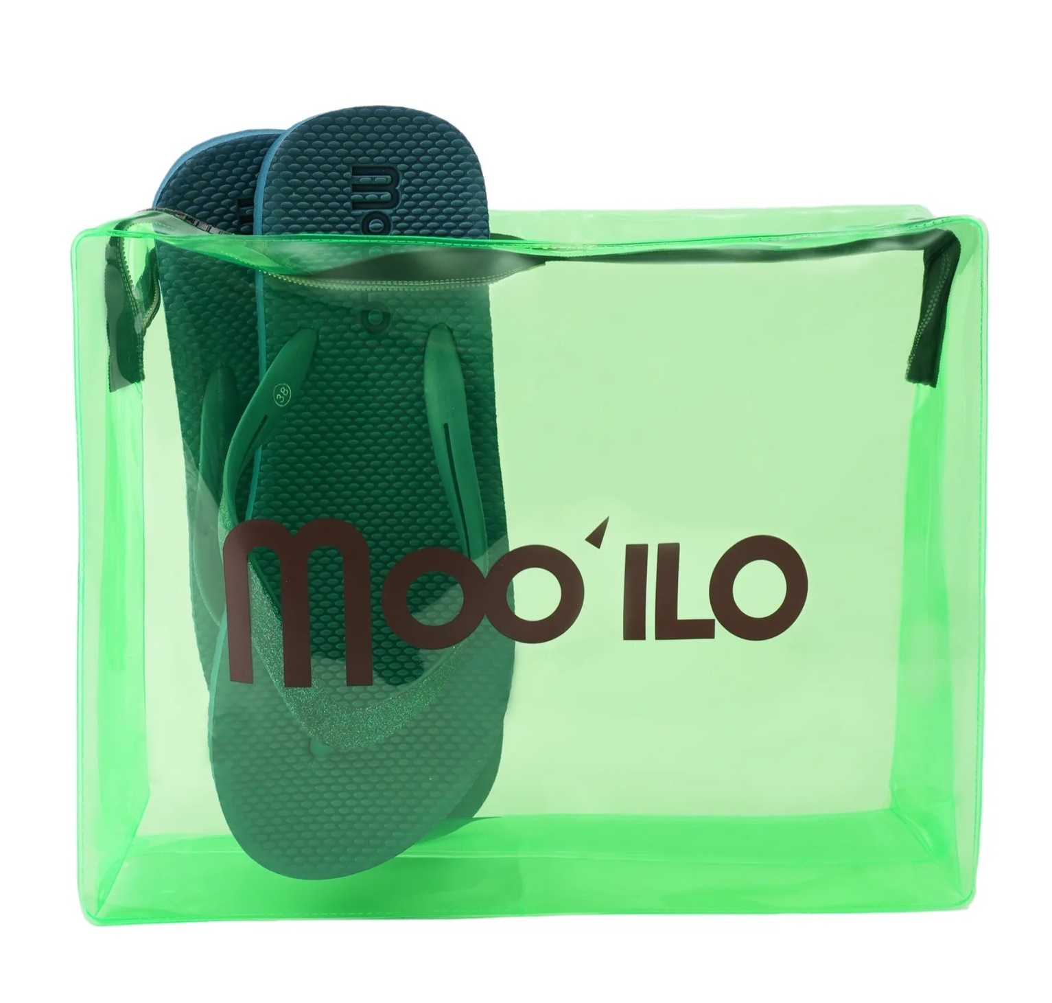 Moo' Ilo Damen Flip Flops Lena Tapestry in Petrol Grün Glitzer + Neon Grün Jelly Clutch