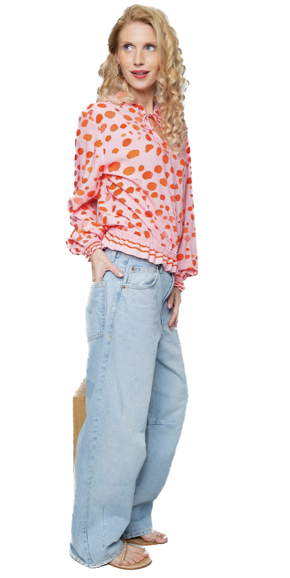 Emily van den Bergh Langarm Bluse in Rosa mit Aqua Dots in Rot Emily van den Bergh Langarm Bluse in Rosa mit Aqua Dots in Rot