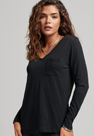 W6011484A02A_0 Superdry Damen Langarmshirt mit Tasche und V-Ausschnitt in Schwarz