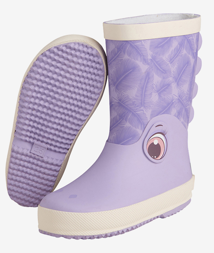 CeLaVi Gummistiefel in Lila mit Augen und Federn