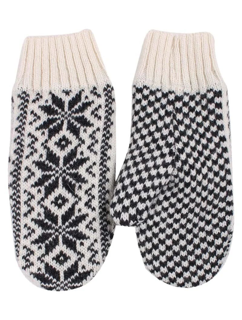Danefae Wollhandschuhe in Weiß & Dunkelgrau mit Norweger Muster - One Size 