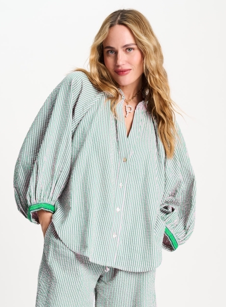 POM Amsterdam Seersucker Bluse Green Pink - Rosa Grün Gestreift POM Amsterdam Seersucker Bluse Green Pink - Rosa Grün Gestreift
