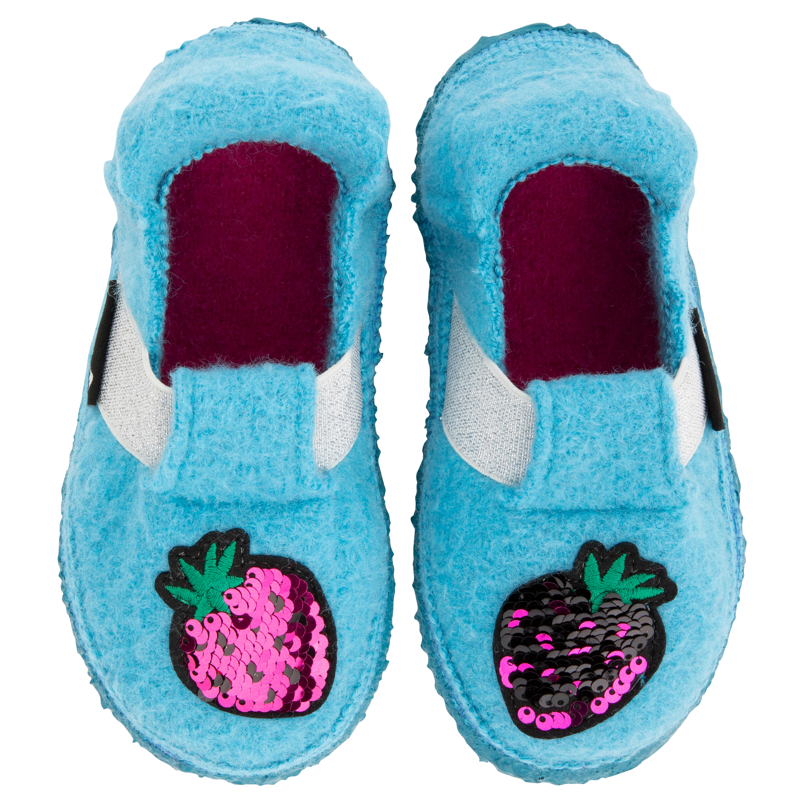 Nanga Wollfilz Hausschuhe - SHINY BERRY - Türkis mit Wendepailletten Erdbeere