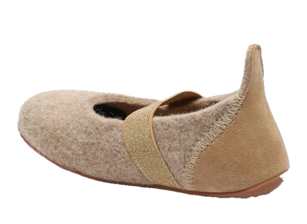 Bisgaard Wollfilz Hausschuhe Ballerina - Nougat/Braun mit Glitzerband