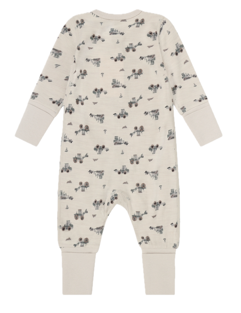 CeLaVi Strampler aus Merinowolle - Wolle Bambus Jumpsuit mit Reißverschluss - Traktoren Allover