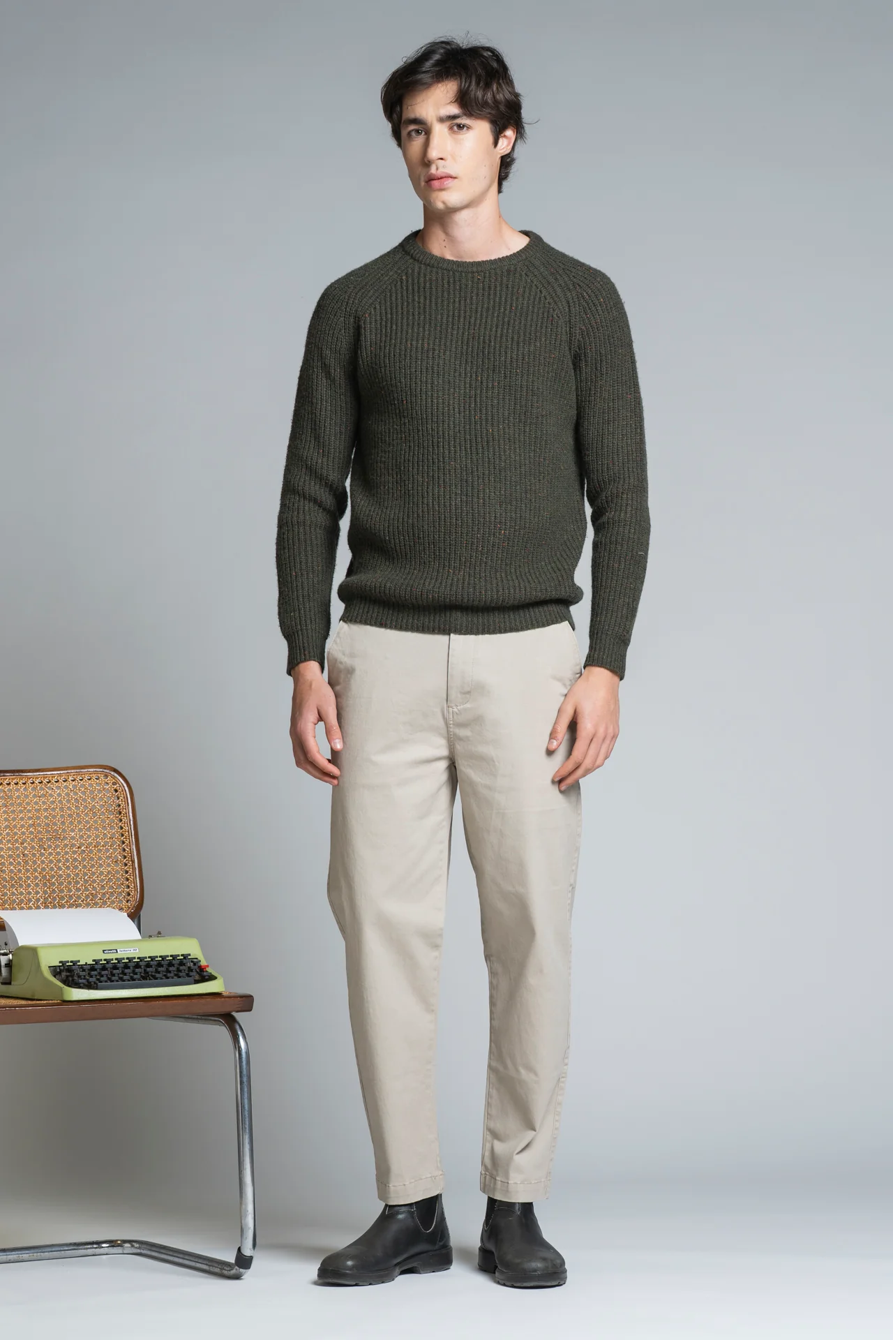IMPURE Bruce Rundhals English Coast Strick Pullover Wollmischung Ripp in Braun Grün Meliert