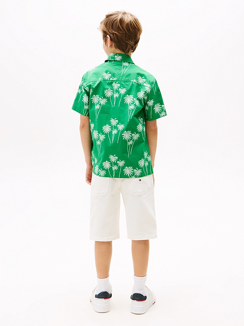 Tommy Hilfiger Kurzarm-Hemd aus Popeline in Radiant Grün mit Palmen Print - SALE