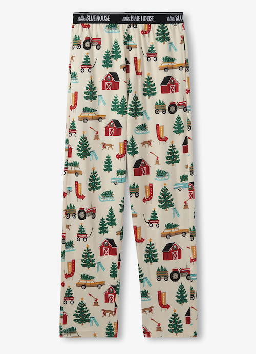 Little Blue House Herren Jersey Pyjama Hose in Creme - Christmas Tree Farm - Weihnachtsbaum Farm