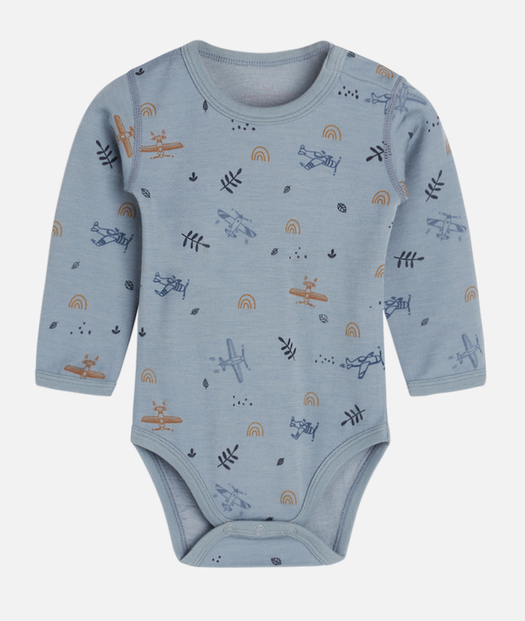 51087-kids-woolbamboo-baloo-bodystocking Hust & Claire Baloo Body Wolle Bambus in Blau - Flugzeuge