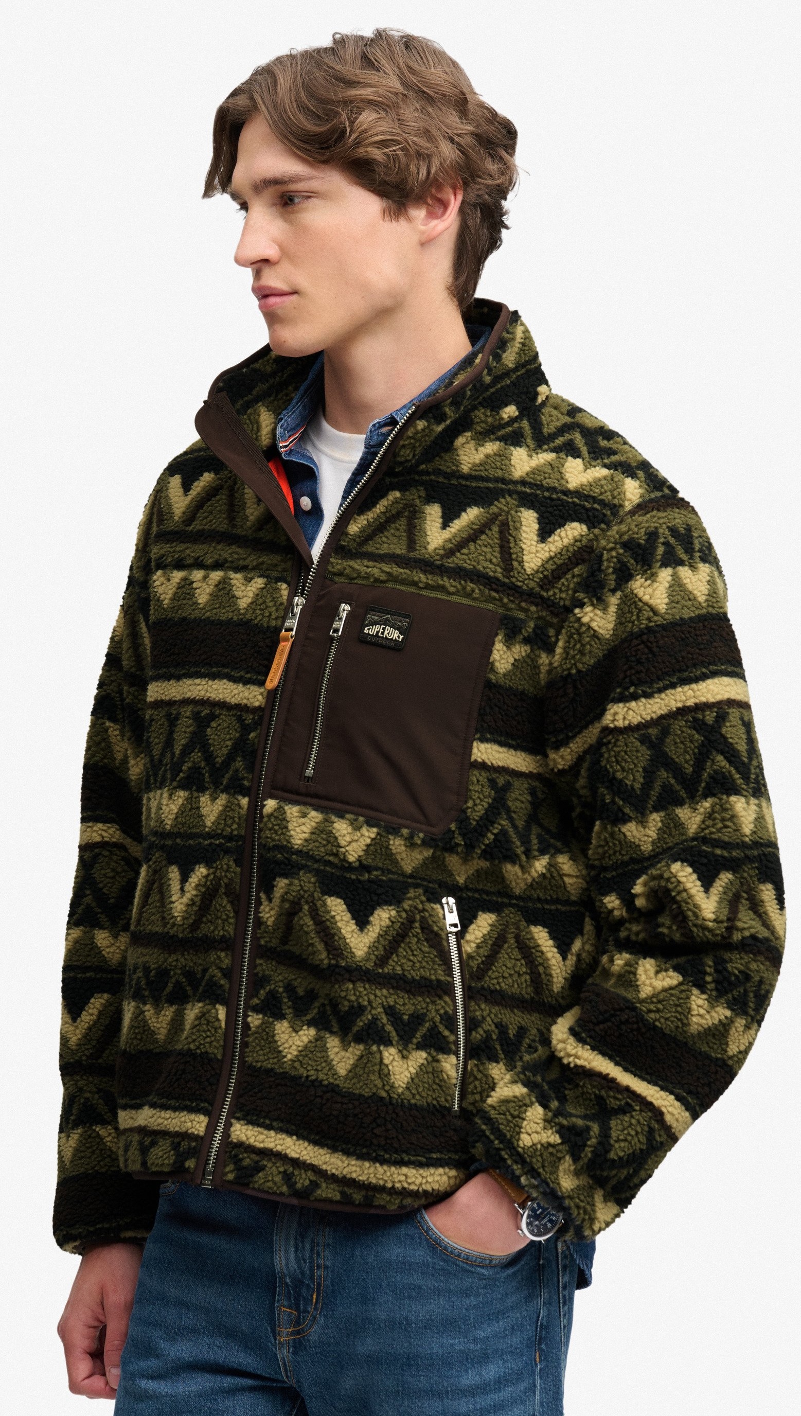 Superdry Herren Abstrakte Teddy Fleecejacke in Grün