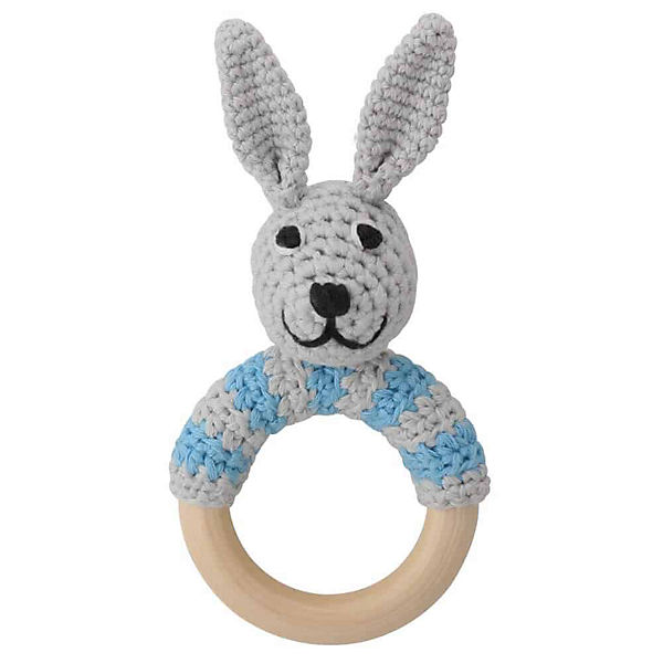 Sindibaba Rassel Holzring Bambus Häkeltier Hase in Blau