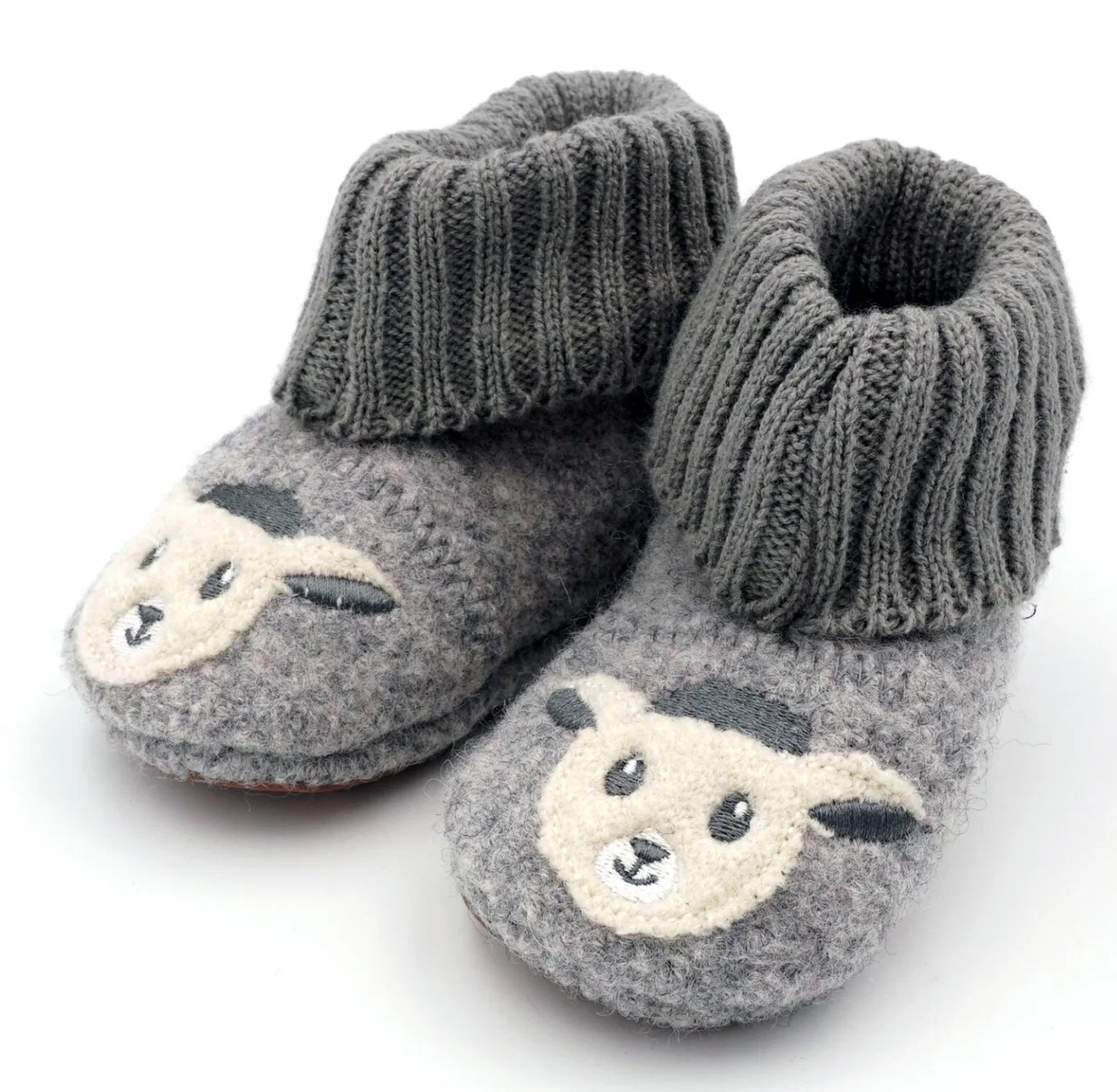 maximo Baby Hüttenschuhe aus 100 % Wolle in Grau meliert mit Schaf-Motiv und Anti-Rutsch-Sohle
