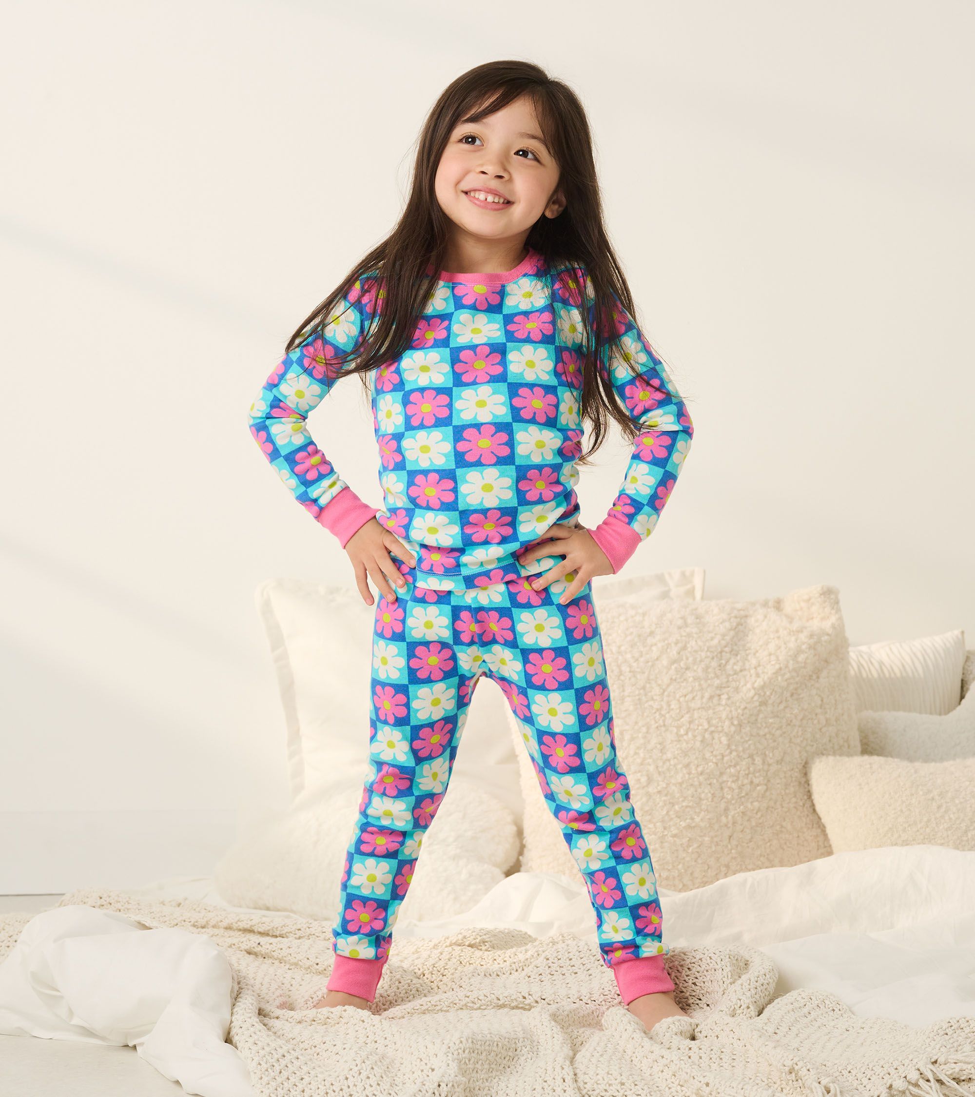 Hatley Langarm GOTS Baumwolle Pyjama - Daisy Blumen mit Checks Hatley Langarm GOTS Baumwolle Pyjama - Daisy Blumen mit Checks
