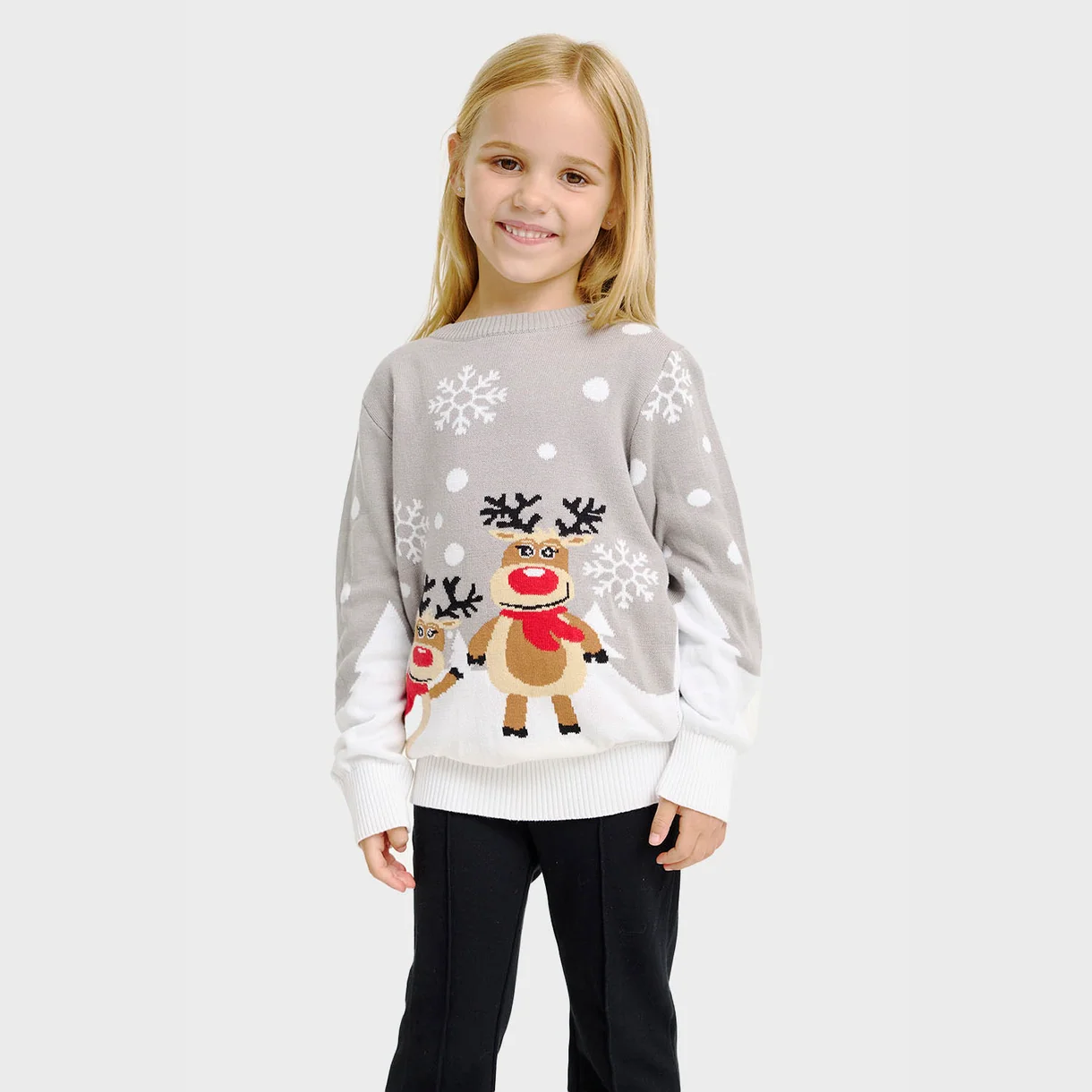 Christmas Sweater Unisex Jungs & Mädchen Weihnachtspullover in Grau mit Rudolf Rentier 