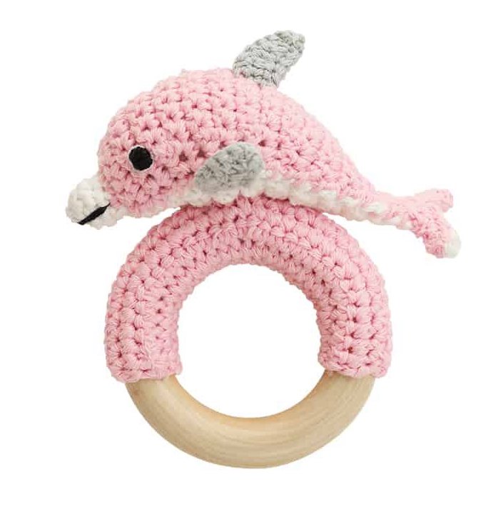Sindibaba Bambus Häkel-Rasselring Delfin in Rosa