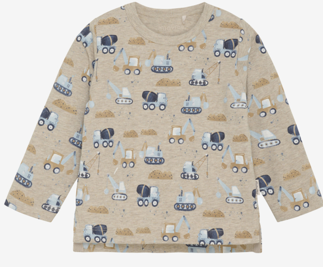 Minymo Baby Langarm Shirt in beige meliert mit Baufahrzeugen