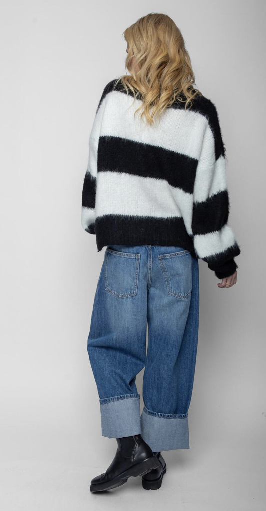 Emily van den Bergh Damenstrickpullover Grobstrick Oversized Pulli Schwarz Weiß Blockstreifen