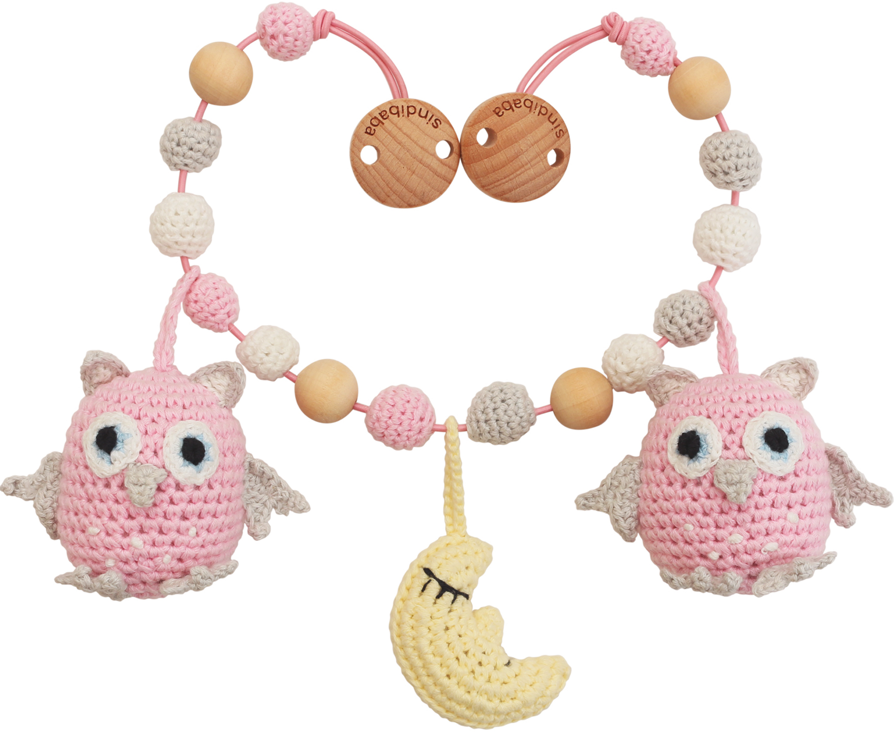 12461-Gehaekelte-Kinderwagenkette-Eule-LUNA-in-Rosa Sindibaba Gehäkelte Kinderwagenkette Eule Luna in Rosa