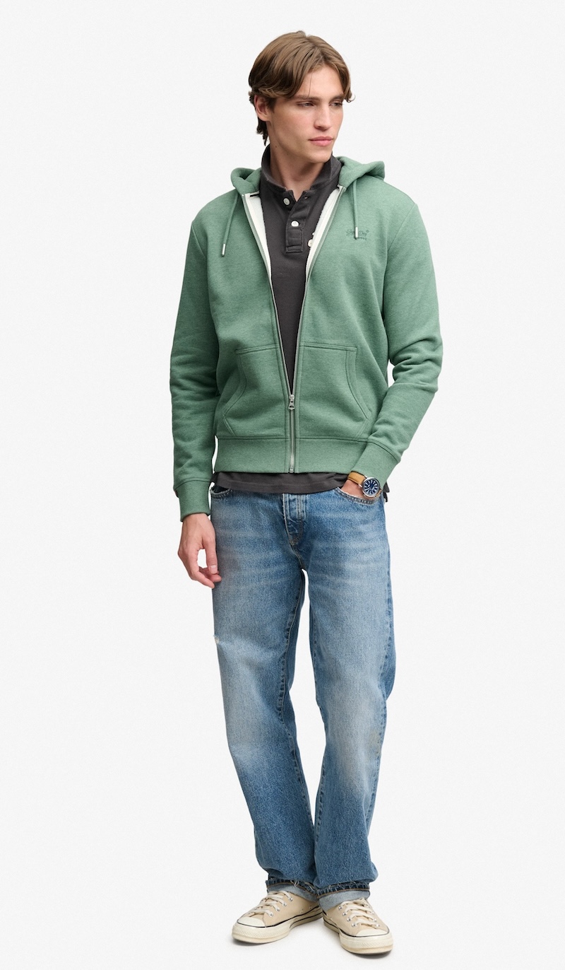 Superdry Herren Essential Hoodie Kapuzenjacke in Grün mit gesticktem Logo - Bay Green Marl 