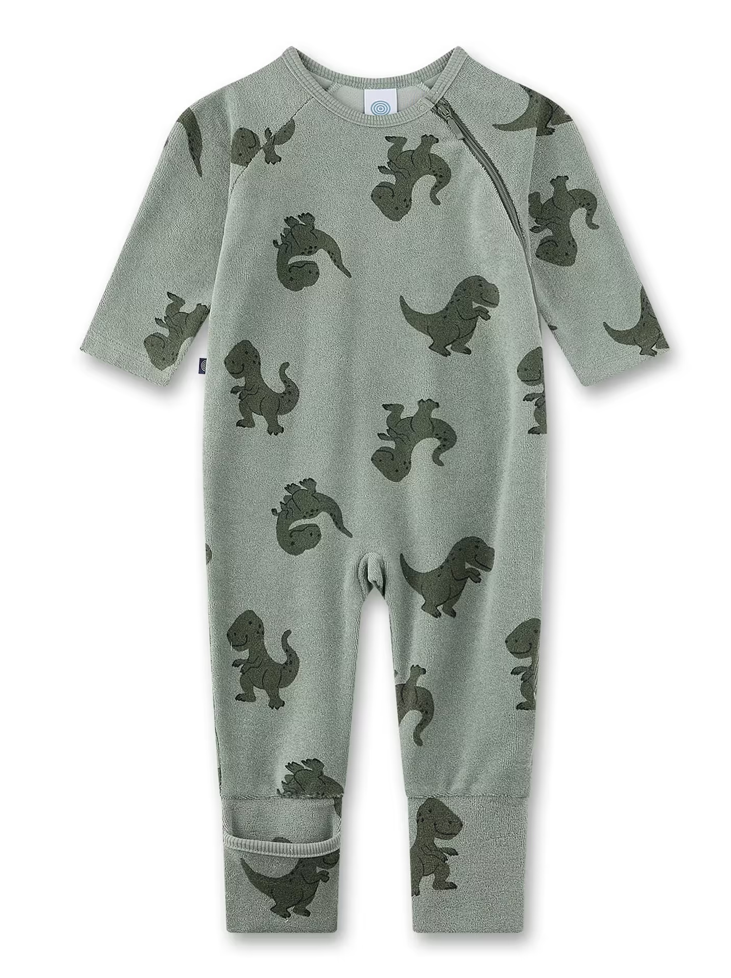 Sanetta Baby Frottee-Schlafoverall mit Dino-Allover in Khaki – Strampler mit Klappfüßchen