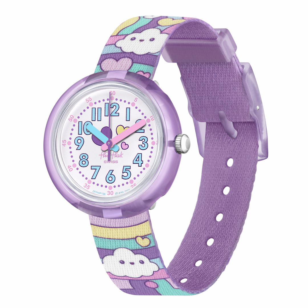fa04_ZFPNP136 Flik Flak Uhr Kinderuhr - Cloud Level - Flieder mit Wolken & Herzen