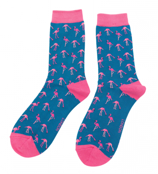 Miss Sparrow Bambus Socken in Blau mit Pink Flamingos