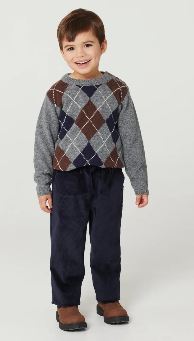 Copenhagen Colors Wolle Strickpullover mit Argyle-Rautenmuster in Grau meliert, Dunkelbraun und Navy