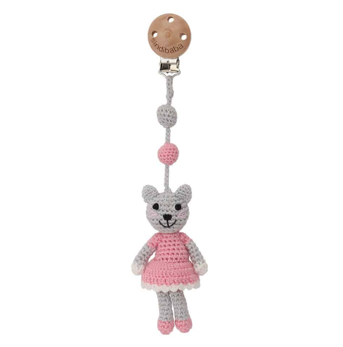 Sindibaba Bambus Häkeltier Kinderwagen Clip Katze in Rosa