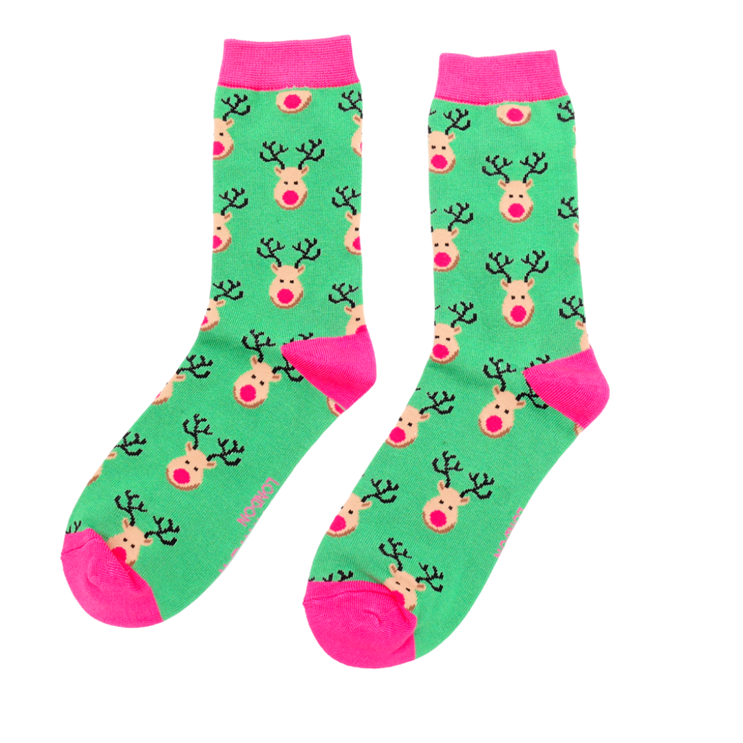 miss-sparrow-socken-bamboo-reindeer-green Miss Sparrow Socken Bamboo in Grün & Pink - Rentier