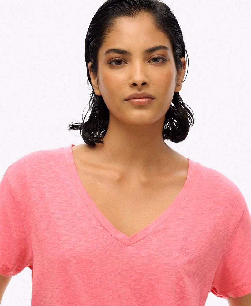 Superdry Damen T-Shirt mit V-Ausschnitt und Stickerei in Azaela Pink