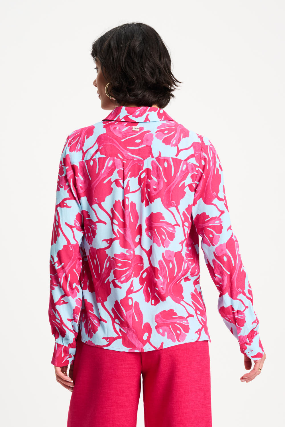 POM Amsterdam Bluse - Mila Urban Blätterprint Pink auf Hellblau