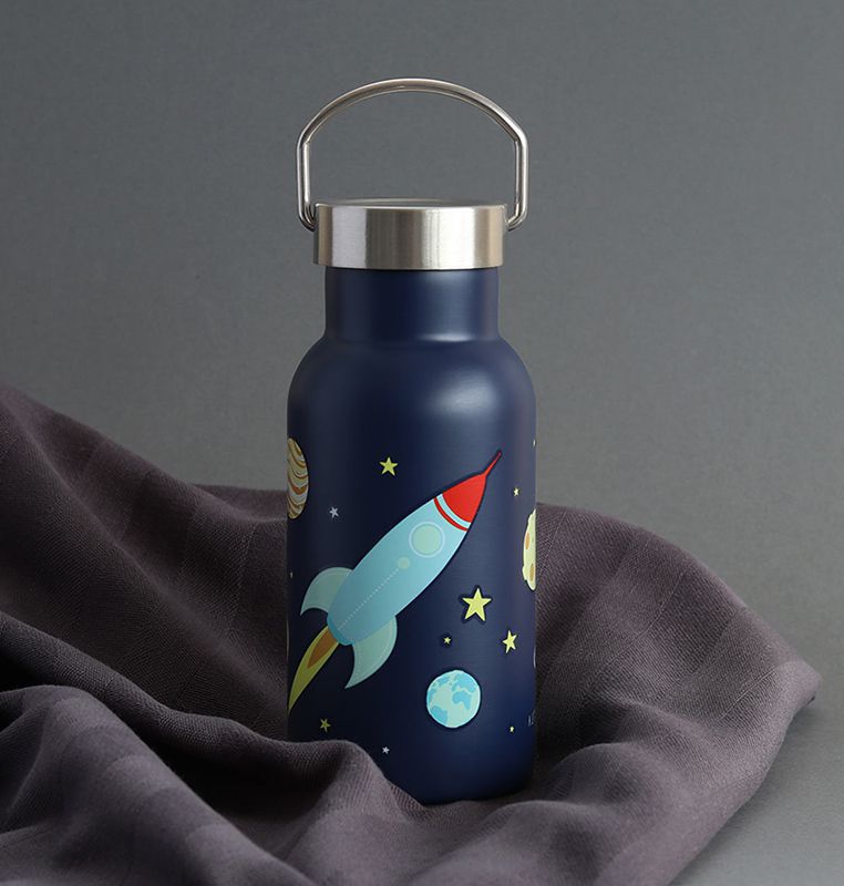 A Lovely Little Company Thermos Edelstahl Trinkflasche mit Strohhalm - Weltraum