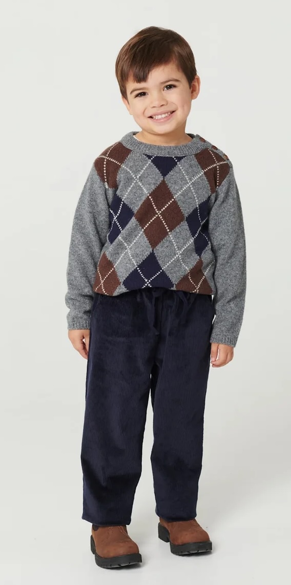 Copenhagen Colors Wolle Strickpullover mit Argyle-Rautenmuster in Grau meliert, Dunkelbraun und Navy
