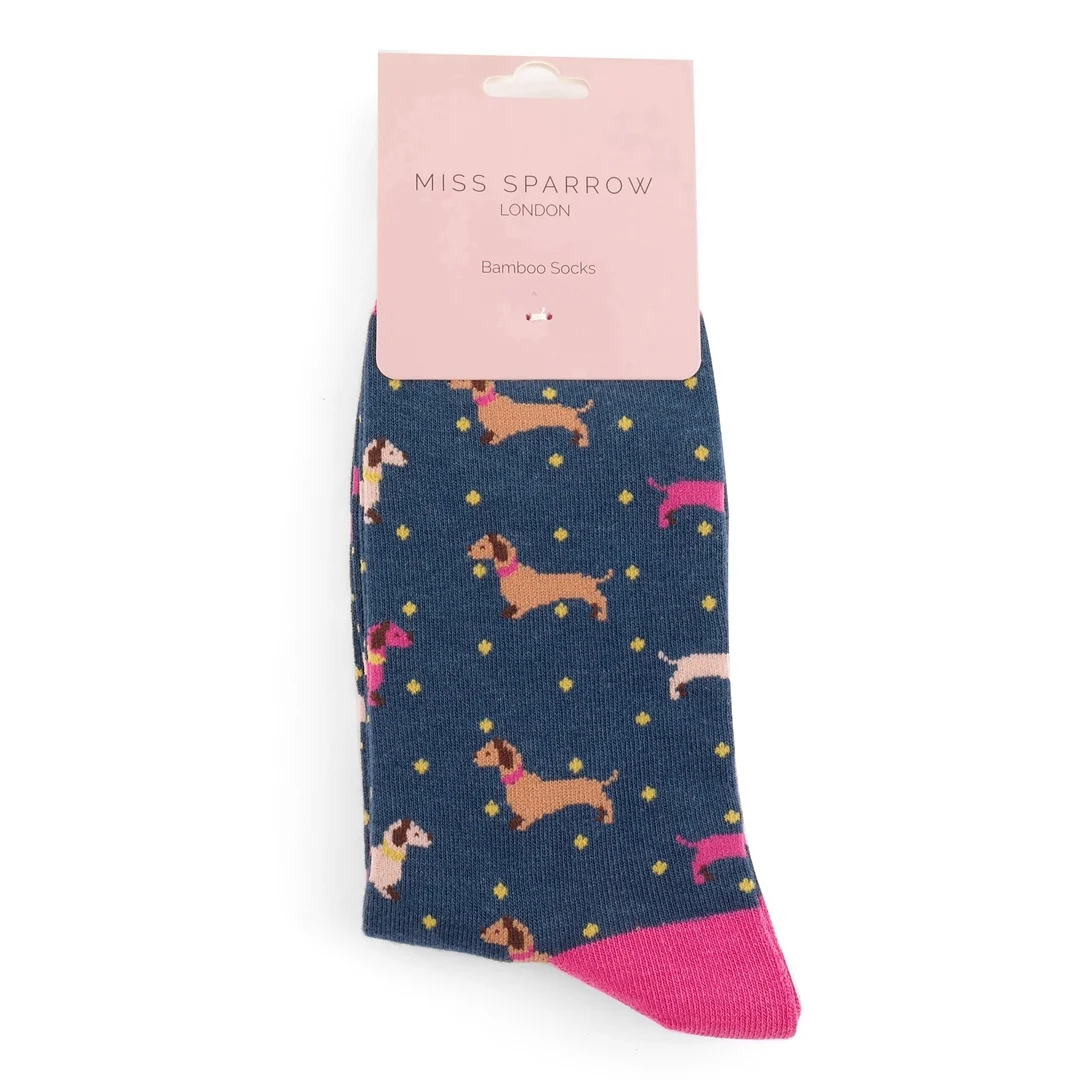 Miss Sparrow Bambus Damen Socken in Navy - Dackel