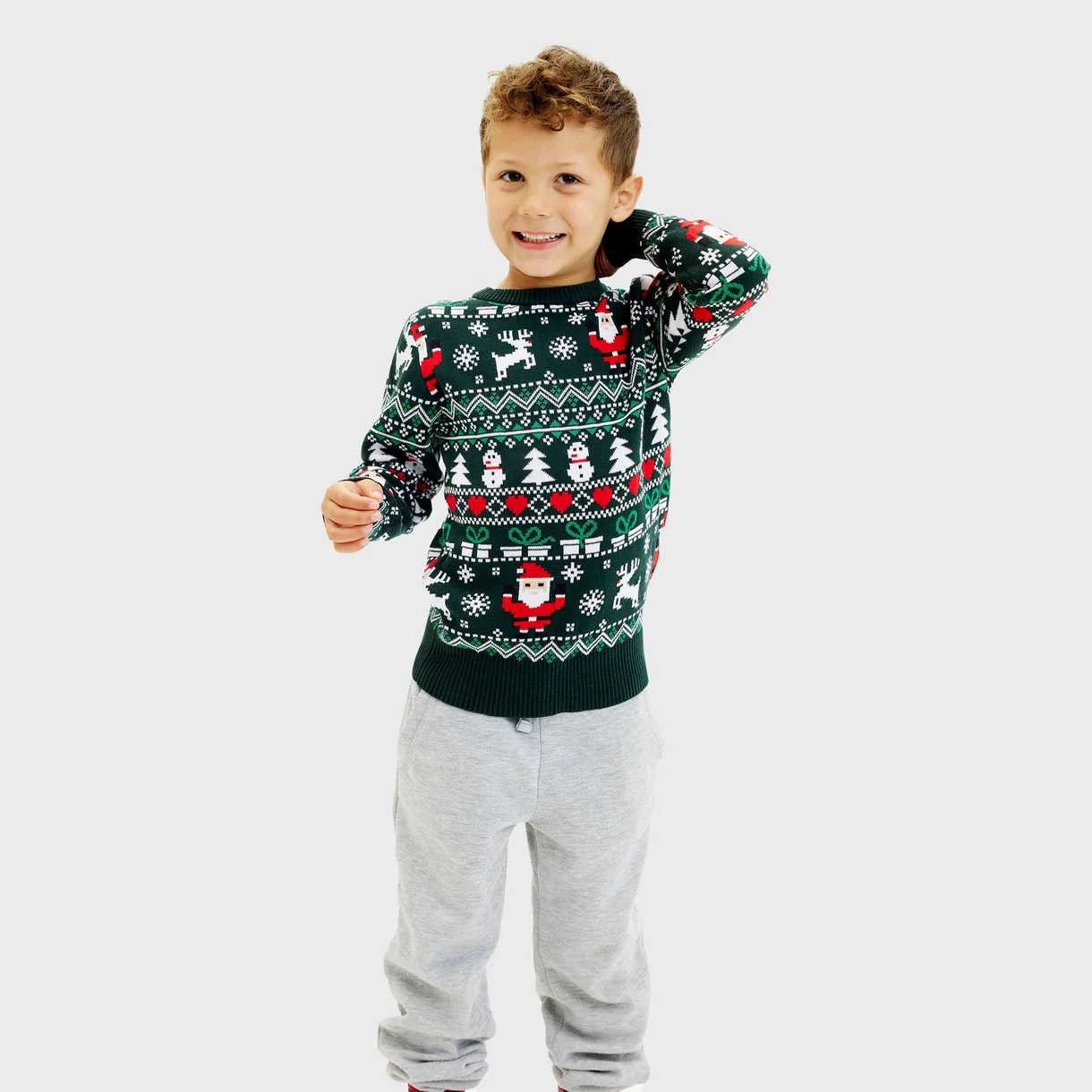 Christmas Sweater Unisex Jungs & Mädchen Stillvoller Weihnachtspullover in Grün mit Santa, Schneemänner & Rentier