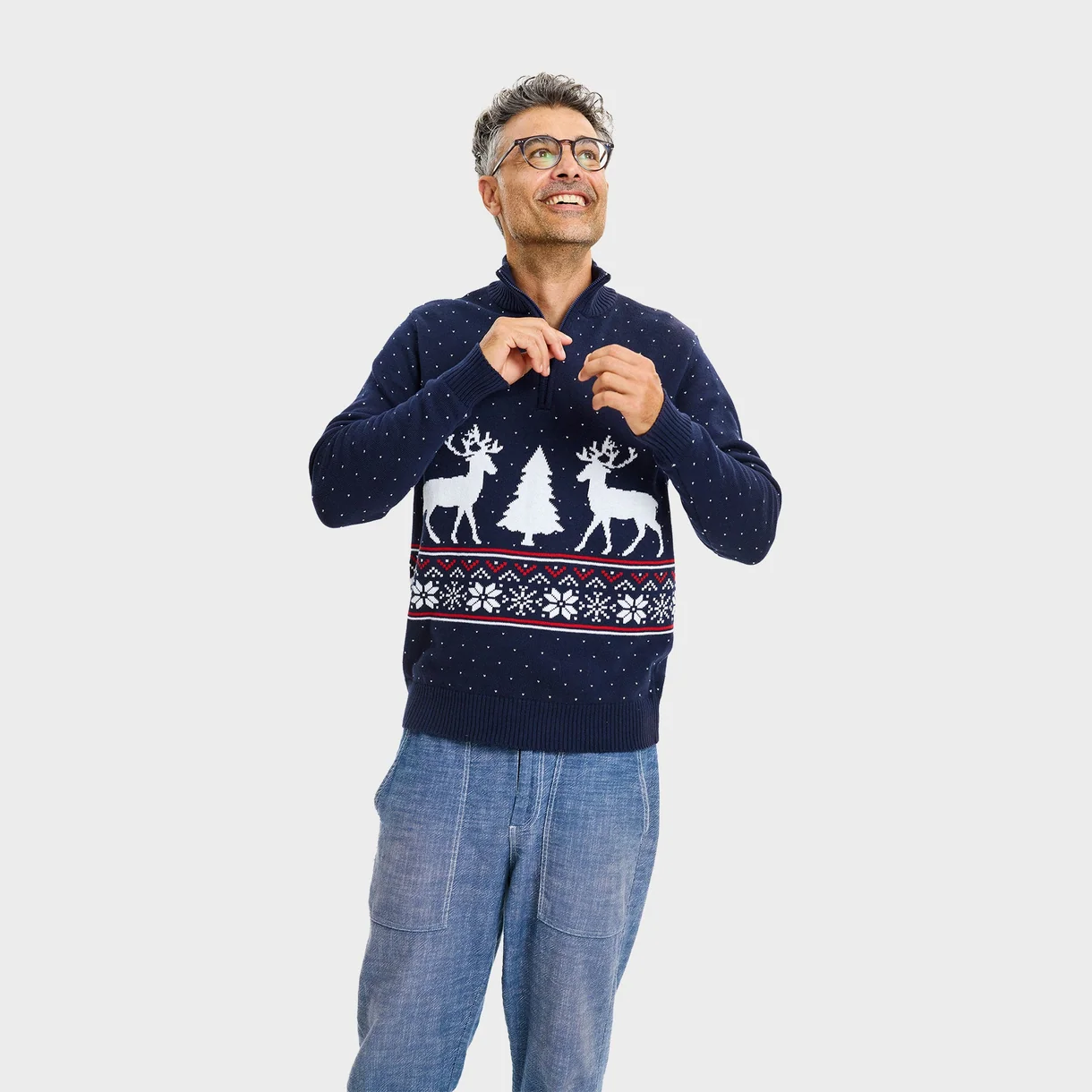 Weihnachtspullover Damen & Herren in Navy mit Rentier und Schneeflocken Half-Zip Henley – 100 % GOTS Bio-Baumwolle Weihnachtspullover Damen & Herren in Navy mit Rentier und Schneeflocken Half-Zip Henley – 100 % GOTS Bio-Baumwolle