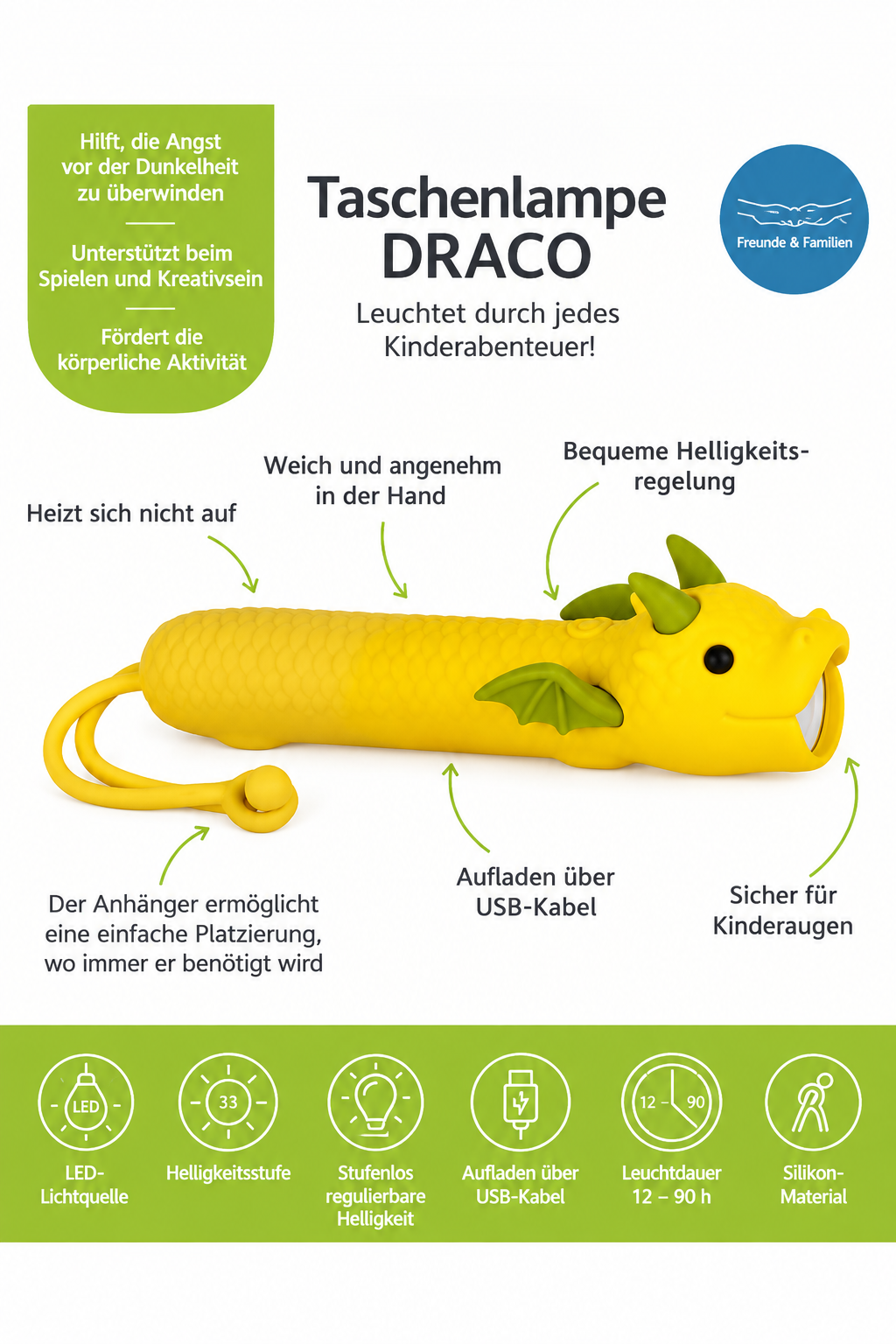 Rabbit & Friends Drache Taschenlampe in Gelb - Draco