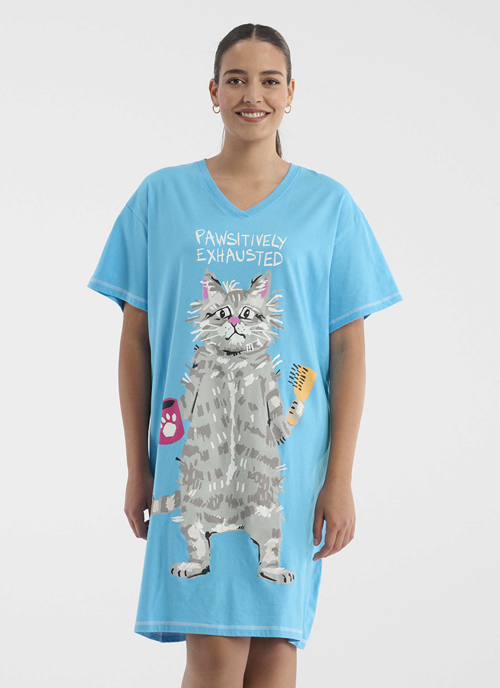 Little Blue House Damen Sleepshirt - PAWsitively Exhausted Katze